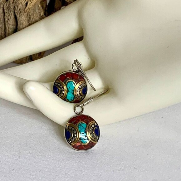 Turquoise Lapis and Coral Nepalese Earrings - Picture 6 of 6